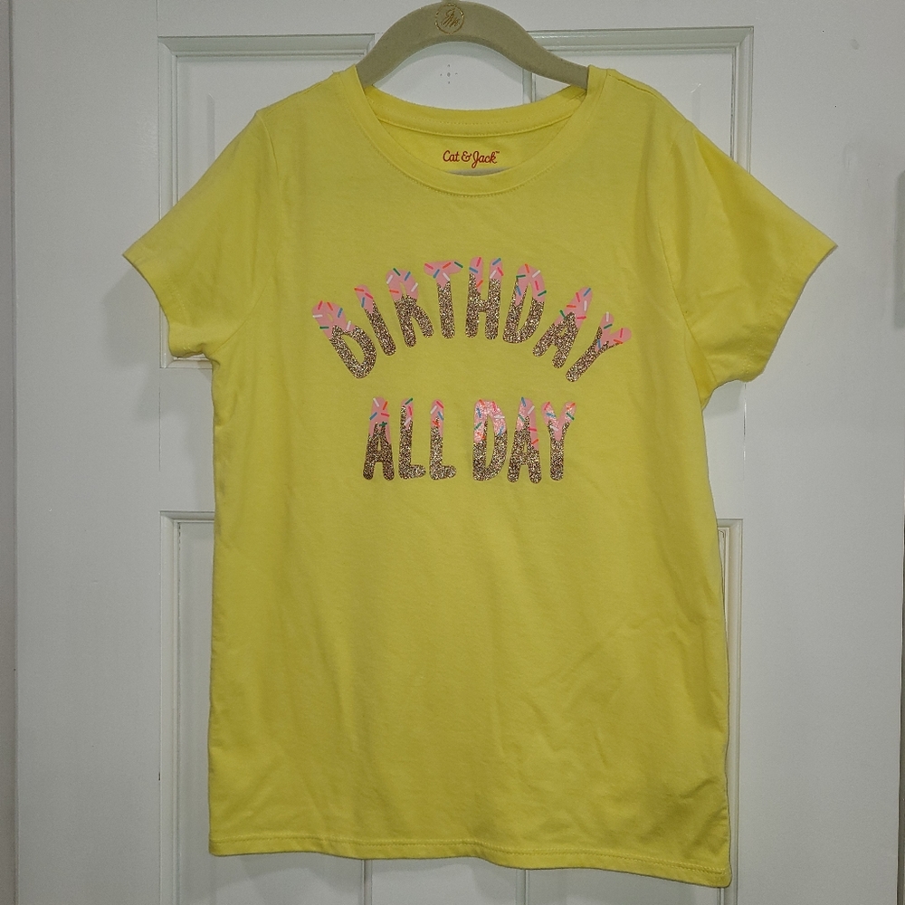 🎂 Cat & Jack Birthday All Day Yellow Graphic Tee Girls Size 7/8